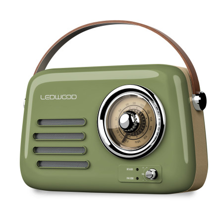 Radio Rétro portable Ledwood ALMA, FM, Bluetooth Entrée USB, Puissance 3W - Batterie 3,7V-1500mAh - Retro Vintage - Vert Olive