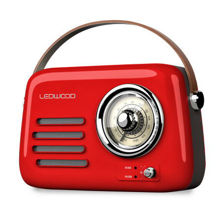 Radio Rétro portable Ledwood ALMA, FM, Bluetooth 5.3 Entrée USB, Puissance 3W - Batterie 3,7V-1500mAh - Retro Vintage - Rouge