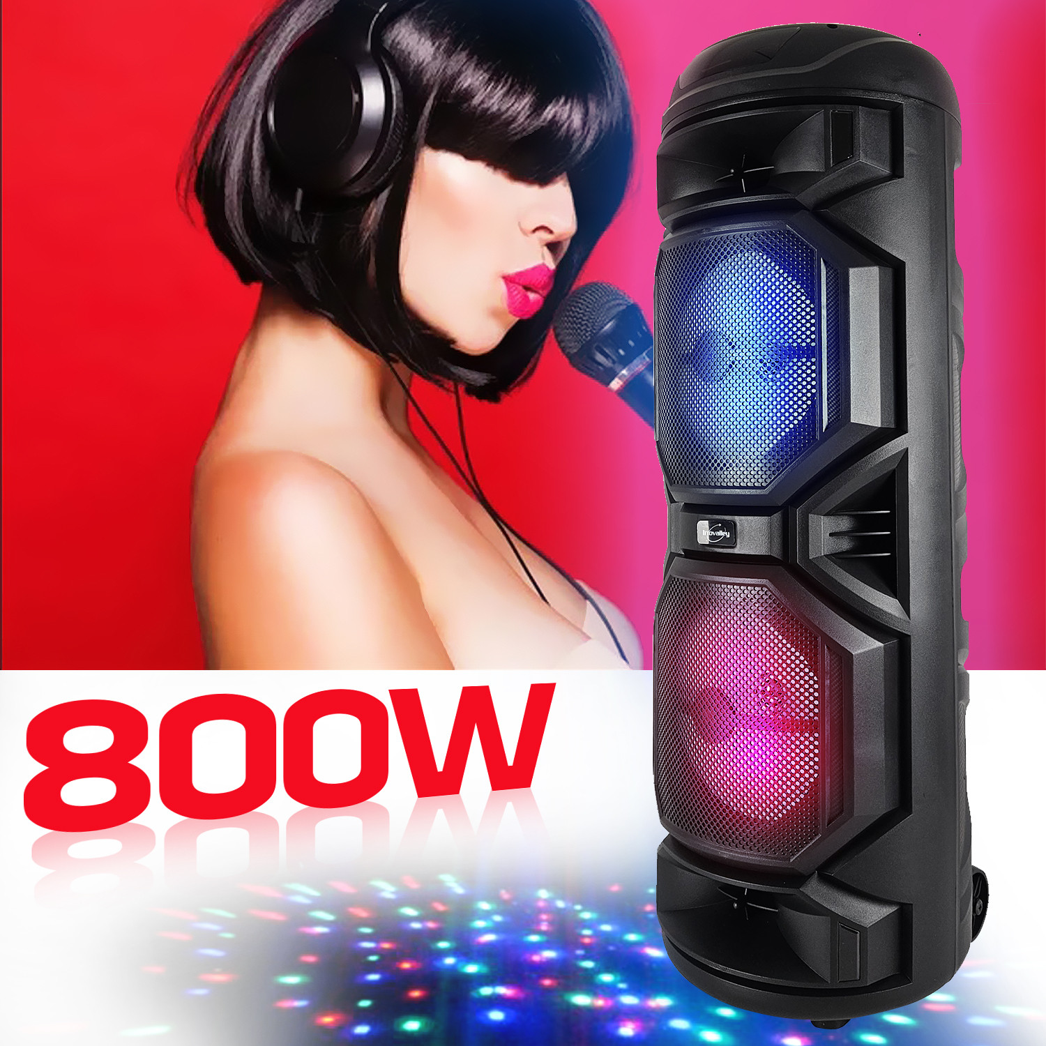 Enceinte Karaoké Bluetooth 800W INOVALLEY HP59-XXL - Lumières LED, Micro Sans Fil, Batterie | Idéal Fêtes