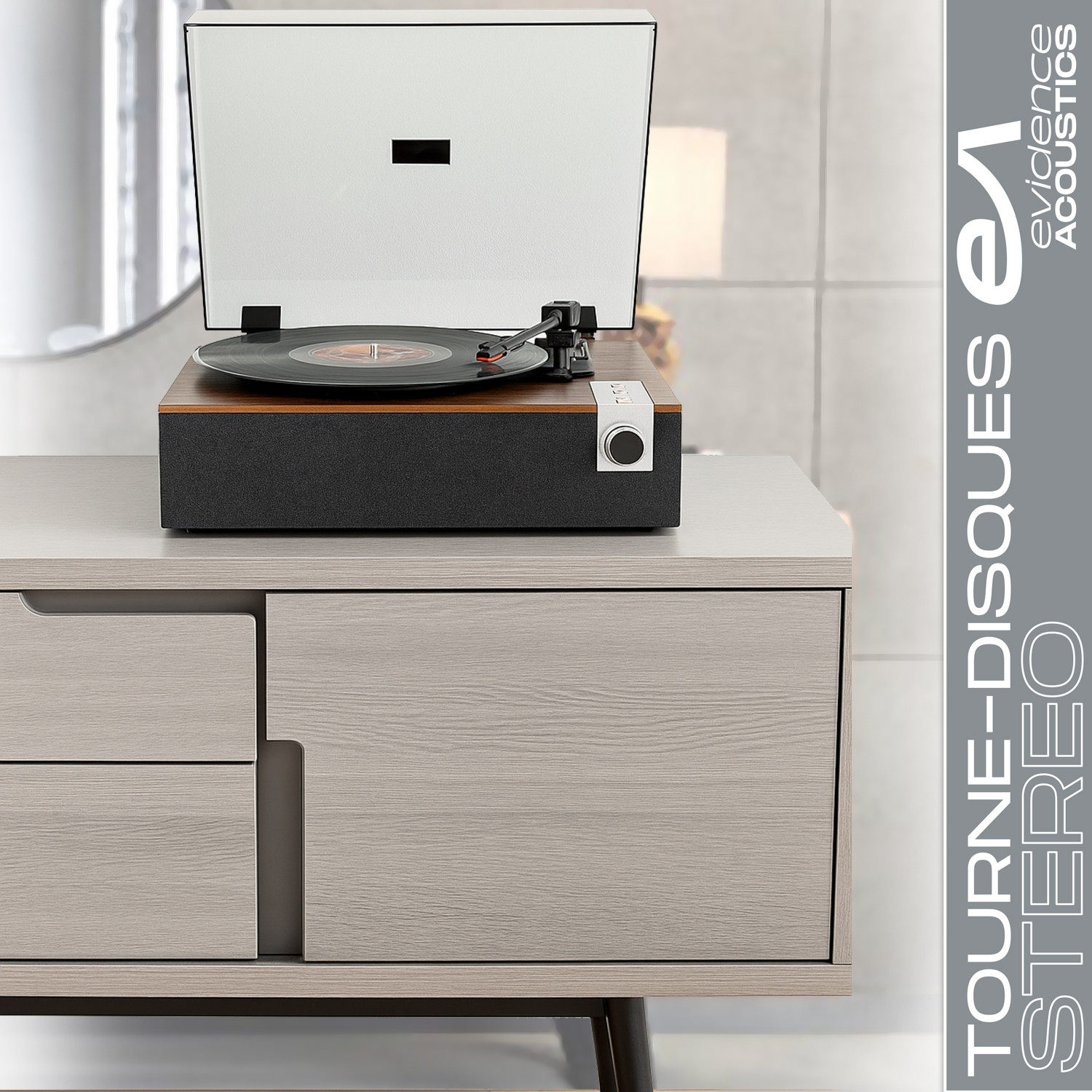 Tourne-disque Vinyle Evidence Acoustics EA-PL100-BK - Haut-parleurs Intégrés 20W PMPO - Vitesses 33, 45, 78 Tours - Bluetooth Et USB