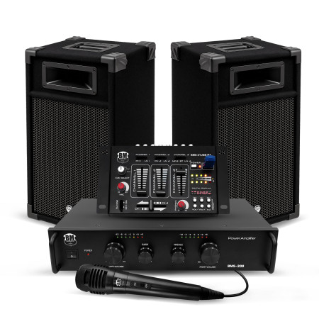 Kit Sonorisation 300W Bm Sonic BMS-DJ300-USB-BT Initiation DJ Enceintes Ampli Table de Mixage Bluetooth USB, Microphone Câblages