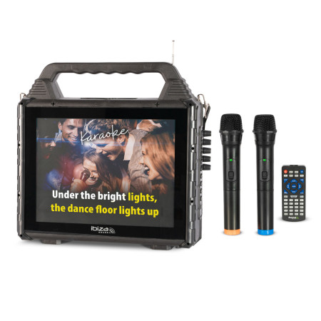 Pack Karaoké Ibiza Sound KARAVISION - Enceinte 150W Karaoke sans Fil Nomade avec écran, 2 Micros VHF - Bluetooth USB SD RADIO FM
