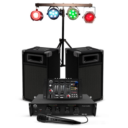 Kit Sono 300W Bm Sonic BMS-DJ300-USB-BT Initiation DJ Enceintes Ampli Table de Mixage Bluetooth, Kit d'éclairage 4 effet LED