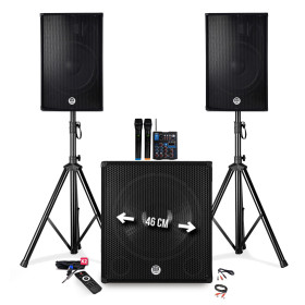 Pack sonorisation 2400W -2 Enceintes + Caisson +Pieds - USB/BLUETOOTH - table de mixage MXW5 -2 micros ss fils