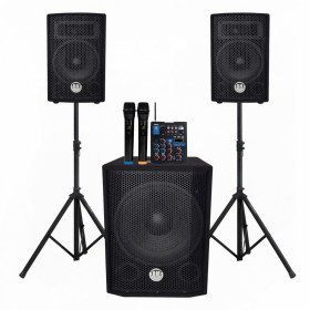 Sono triphonique BM SONIC BMS 1208, Caisson bi-amplifié 1000W - USB Bluetooth, câbles, pieds table de mixage  2 micros ss fils