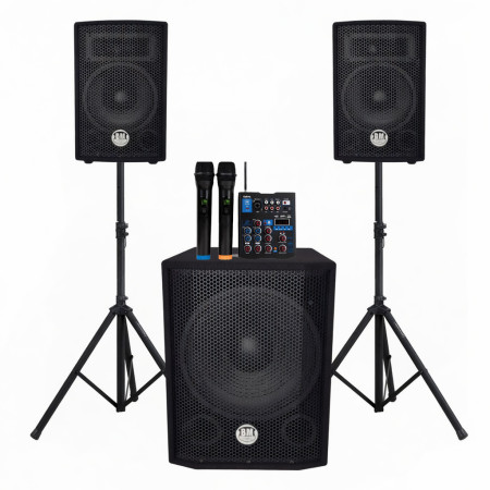 Sono triphonique BM SONIC BMS 1208, Caisson bi-amplifié 1000W - USB Bluetooth, câbles, pieds table de mixage  2 micros ss fils