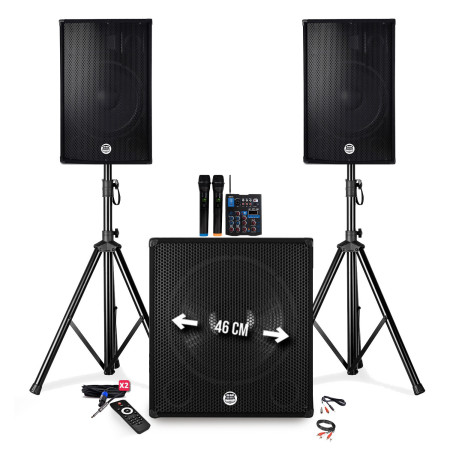 Pack sonorisation complet -BMS-1815 - 2600W-Enceintes 15" + Caisson 18" + Pieds -table de mixage  2 micros ss fils USB/BLUETOOTH