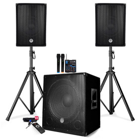 Pack sonorisation 2200W - Enceintes + Caisson + Pieds - USB/BLUETOOTH - BM SONIC BMS1512 + table de mixage 2 micros ss fils