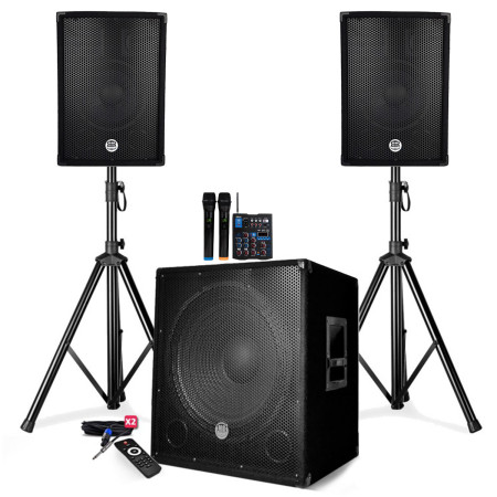 Pack sonorisation 2200W - Enceintes + Caisson + Pieds - USB/BLUETOOTH - BM SONIC BMS1512 + table de mixage 2 micros ss fils