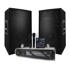 Pack Sono DJ BM SONIC Amplificateur 2000W, Paire d'Enceintes BMS12 2x600W, Câbles, table de mixage 2 micros sans fils