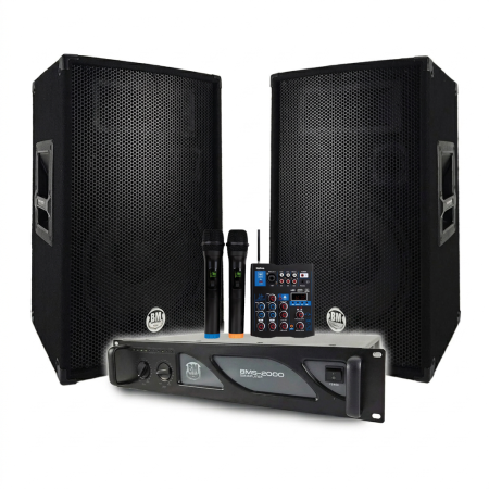 Pack Sono DJ BM SONIC Amplificateur 2000W, Paire d'Enceintes BMS12 2x600W, Câbles, table de mixage 2 micros sans fils