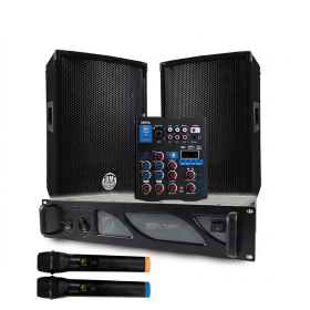 Pack Sono DJ BM SONIC Amplificateur 1000W, Paire d'Enceintes 8 pouces , Câbles, table de mixage 2 micro sans fils ,BT /USB