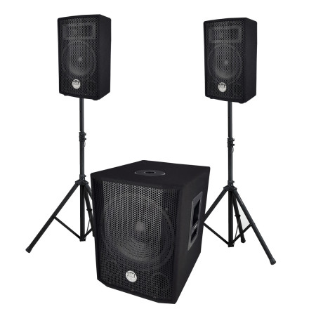BM Sonic BMS 1208 Système Sono Triphonique 2.1 Caisson Bi-amplifié 1000W 30cm USB Bluetooth Satellites 8" 2x200W Pieds Câbles