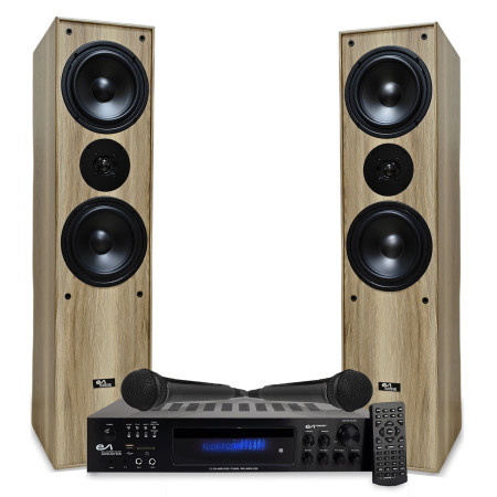 Evidence Acoustics Pack HiFi Home-Cinéma Enceintes Colonne 3 voies + Ampli 7360 Bluetooth USB 1000W PMPO 2 Micros Karaokés