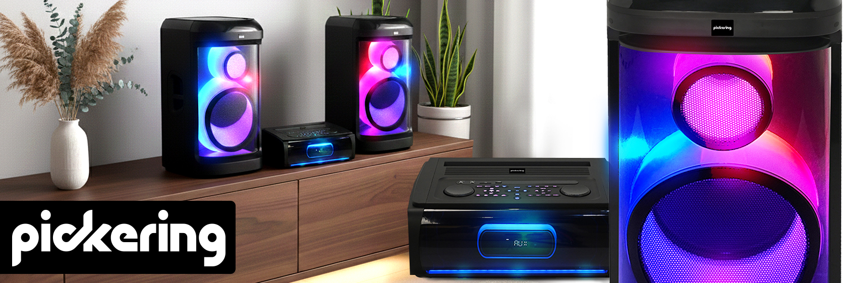 Système Sonorisation Pickering PKG2760, 2 enceintes 2 voies 30cm 12" avec Effets LED Ampli 2x760W Bluetooth USB Optique RADIO FM