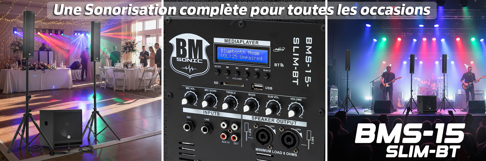 Pack Sono DJ complet BM SONIC BMS-15-SLIM-BT, 1200W Enceintes satellites, SUB 38cm USB/Bluetooth, Supports Câbles, Micro